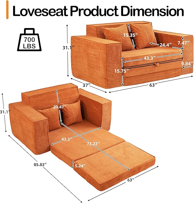 HOMREST Convertible Memory Foam 3-seat Sofa &amp Loveseat Pull Out Sleeper Sofa Bed 2 in 1 Folding Couch Bed Fold Out Floor Couch Corduroy Fabric with Pillows for Living Room Bedroom Lounge(Brown)