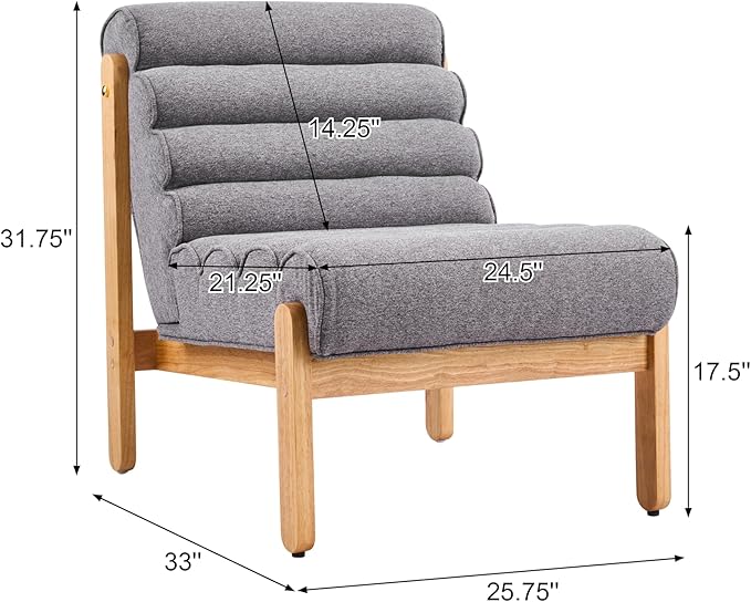Scott Living Fluffy Low Profile Accent Chair Modern Living Room Armless Lounge Chair Fabric Comfy Reading Chair for Bedroom Wooden Frame and Thick Padded Seat Grey+Natural