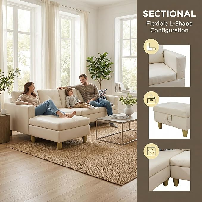 3-Piece L-Shaped Modular Leather Sofa – Convertible Sectional Couch with Movable Chaise &amp Storage Ottoman Multi-Scene Use for Living Room Apartment &amp Office White
