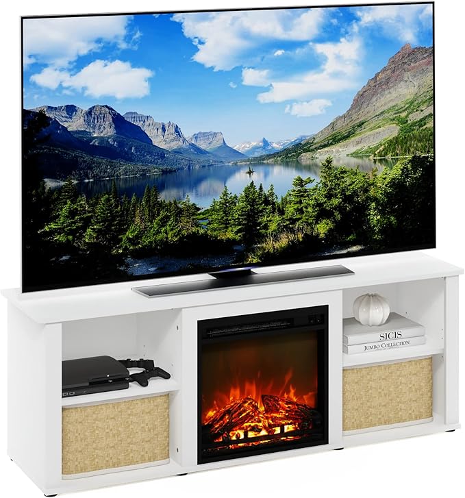 Furinno Classic 60 Inch TV Stand with Fireplace Solid White