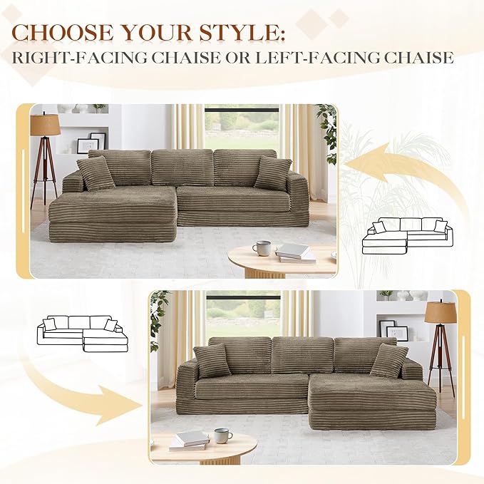 112.6 Oversized Fold Out Couch Bed King 3 in 1 Convertible Modern L Shape Cloud Modular Sectional Comfy Boneless Foam Couch Futon for Living Room No Assembly(Brown CorduroyRight Facing Chaise)