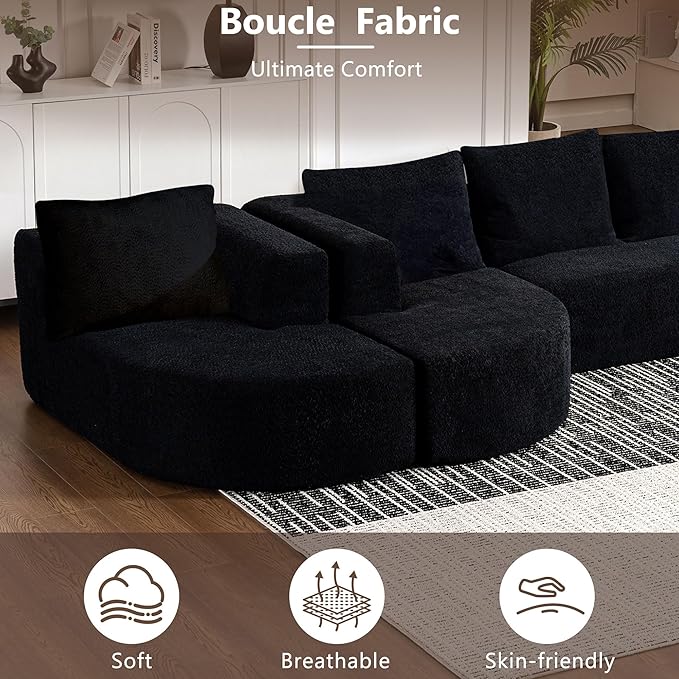 144 Oversized Sectional Sofa with Chaise Lounge Boneless Couches for Living Room Modern Luxury Chenille 5-Seater Sofa Deep Seat U-Shape Curved Cloud Couch No Assembly Required (Black)