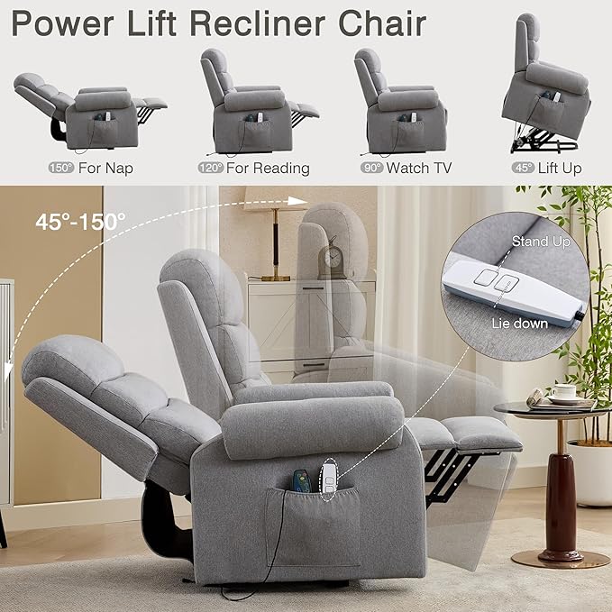 Power Lift Recliner Chair Recliners for Elderly with Heat and Massage Recliner Chair for Living Room with Infinite Position and Side Pocket USB Charge Port (Light Grey)