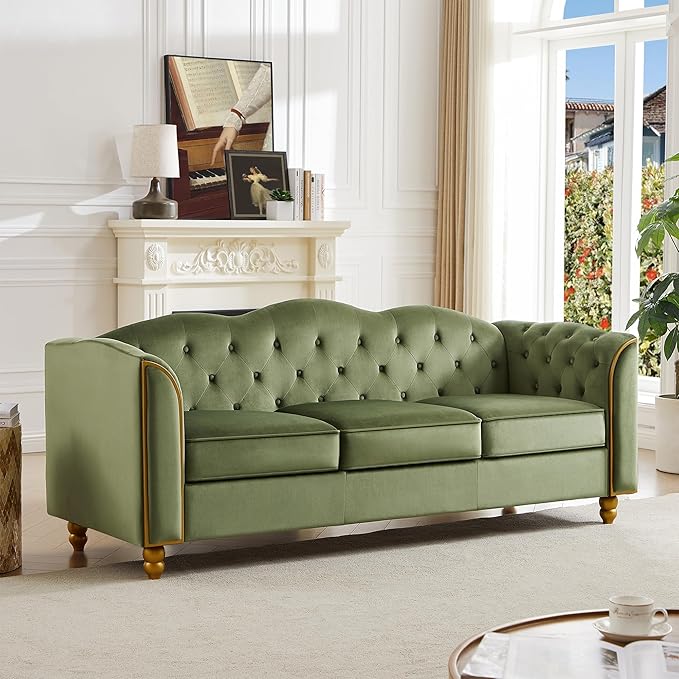 HITHOS 78 Velvet Sofa Couch Soft 3 Seater Sofa Couche for Living Room Button Tufted Comfy Couch Modern Sofa with Upholstered Cushion Gold Trim Solid Wood Legs for Dorm Bedroom Apartment Green