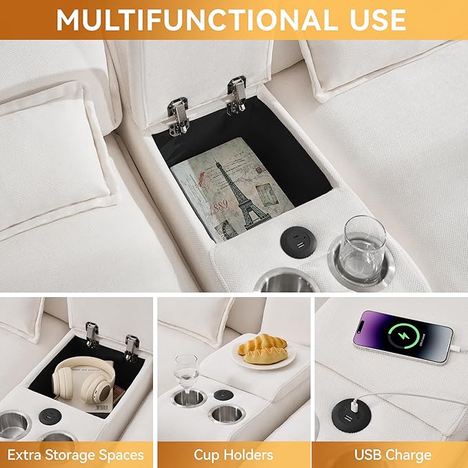 125'' U Shaped Cloud Modular Sectional Sofa with Chaise Lounges Chenille Upholstered Comfy Couch with Storage Console USB Charging Ports &amp Cup Holders Small Deep Seat Sofa for Living Room Beig