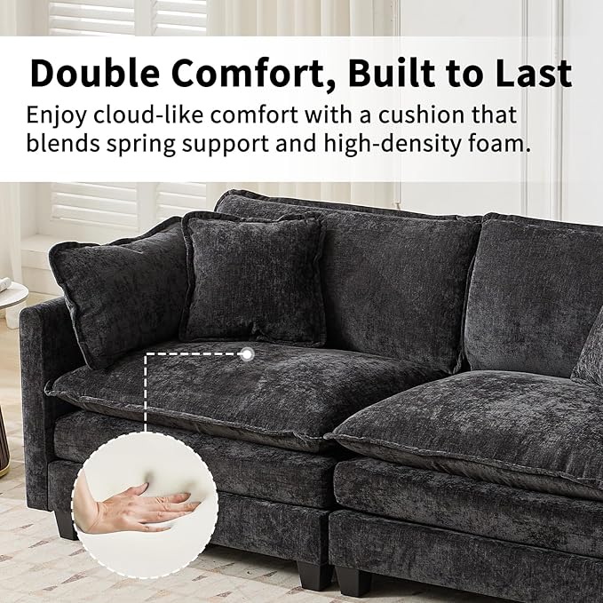 111.5 L Shaped Couch Modular Sectional Sofa Comfy Chenille Cloud Couch with Movable Ottoman and Pillow Modern 3-Seater Deep Seat Sofa for Living Room (BlackL Shaped Sofa)