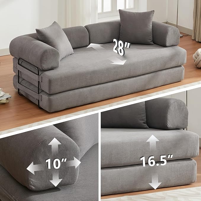 Convertible Folding Sofa Bed Modular Floor Sofa with Removable Backrest Corduroy Folding Mattress Couch with Fixed-Shape Frame for Living Room Bedroom Lounge (Grey)