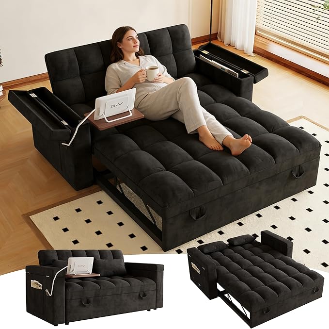 3-in-1 Convertible Sofa Bed with Adjustable Backrest &amp Storage Armrests 65 Pull-Out Sleeper Sofa Bed with USB Port &amp Side Table Modern Velvet Loveseat Couch with 2 Pillows Side PocketBlack