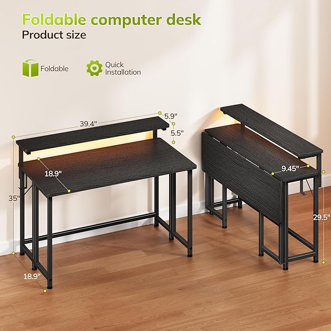 Folding DeskFoldable Computer Desk with Monitor Stand39.4 Inch Gaming Desk with LED Lights &amp HooksSpace Saving Sofa Table for CouchHome Office Desk for Bedroom Living RoomBlack