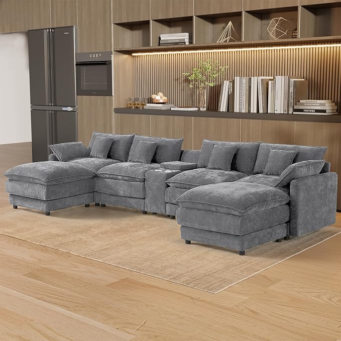 145 Oversized Modular Sectional Sofa U Shaped Cloud Couch Modern 6 Seat Sofa Set for Living Room Comfy Chenille Deep Seat with Storage Central Console Movable Ottomans Cup Holders USB Ports Grey