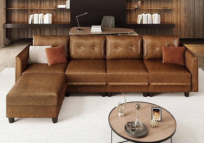LLappuil Modular Sectional Sofa Convertible L Shaped Couch with Storage Faux Leather Fabric Waterproof Sectional Couch for Living Room 111.8 Width 5 Seat Modular Sofa Brown