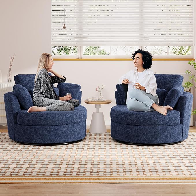 Oversized Swivel Accent Barrel Chair Set of 2 Chenille Upholstered Comfy Round Swivel Chair with Pillows 360 Degree Modern Lounge Reading Sofa Armchair for Nursery Living Room Bedroom(Navy Blue)