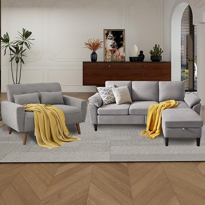 79 Convertible Sectional Sofa Set Modern Linen Small L Shaped Couch with Reversible Chaise and Loveseat Sofa 3-Seat Sofa Couches for Living Room Office Apartment Light Grey