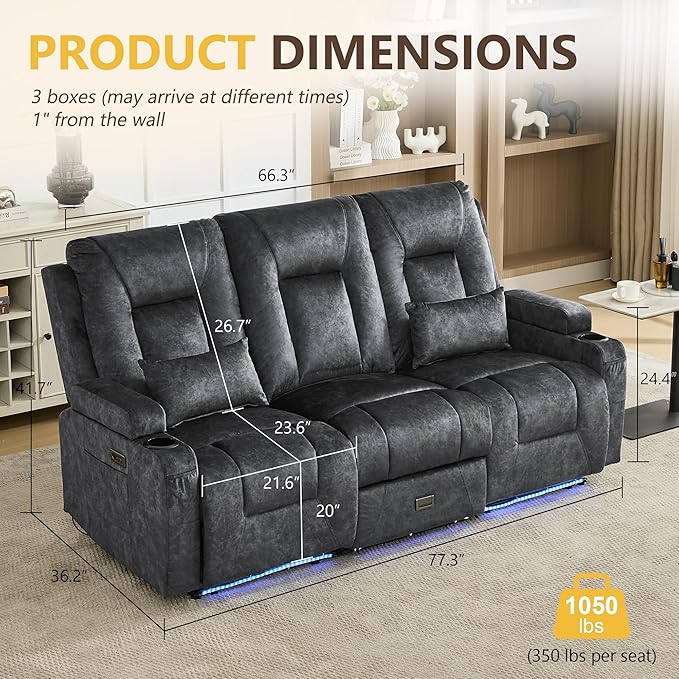 URRED Wall Hugger Power Recliner Sofa RV Double Reclining 3-Seater Couch for Living Room with LED Lights USB Ports Cup Holders and Side Pockets Outlets Drawer Velvet Fabric - Gray