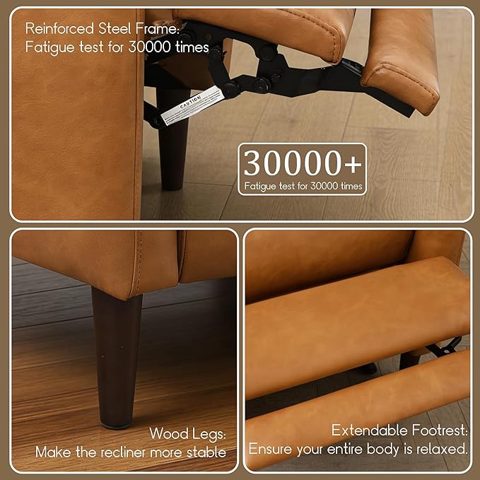 leovanni Push Back Recliner Chair Faxu Leather Upholstered Recliner with Adjustable Backrest and Footrest Modern Comfy Reclining for Living Room Bedroom Small Spaces Brown