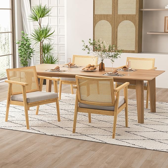 Giantex Modern Rattan Accent Chair Set of 4 Mid Century Accent Chairs w/Curved Backrest Detachable Padded Seat Cushion Solid Rubber Wood Frame Comfy Armchairs for Living Room Bedroom Natural