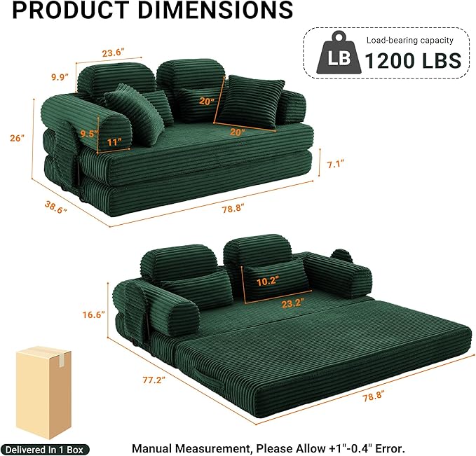 79 Boneless Couch with High Backrest Headrest Comfy Modular Foldable Floor Sleeper Sofa 5-in-1 Convertible Sofa Bed for Living Room Bedroom Lounge Studio Green