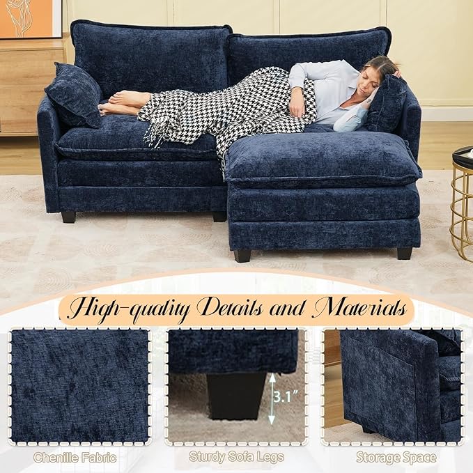 Modular Sectional Cloud Couch 2 Seat Convertible Sectional Couches Sofa with Ottoman Convertible L-Shape Cloud Sectionals Couches for Living Room Apartment Blue