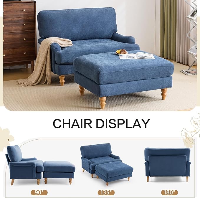 Bezseller Oversized Chair Indoor with Ottoman 46 W Upholstered Armrest Sofa Big Comfy Lounge Sofa Deep Seat Sleeper Chair for Living Room Apartment Bedroom Reading Room(Blue)