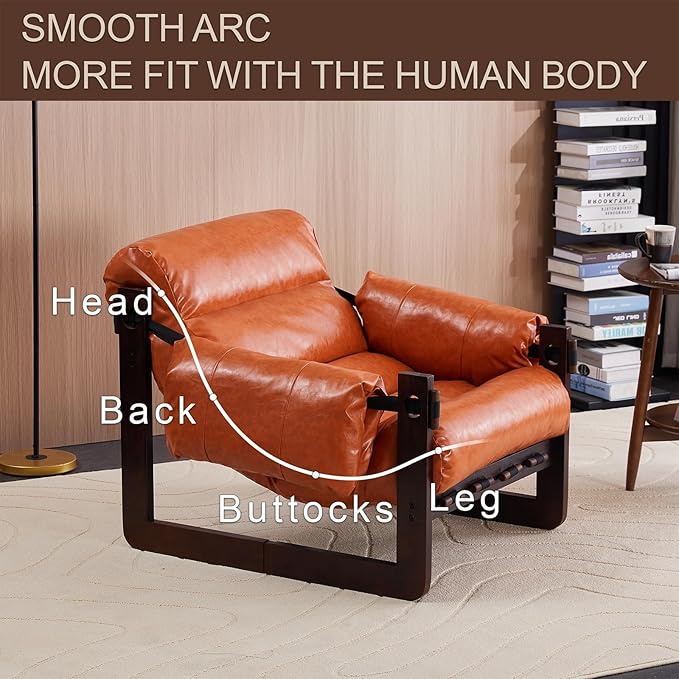 Mid-Century Modern Lounge Accent Chair Oil Waxed Leather Comfy Armchair with Thicked Cushion &amp Removable Armrests Upholstered Cozy Sofa Chairs for Living Room Bedroom Apartment Offices(Orange