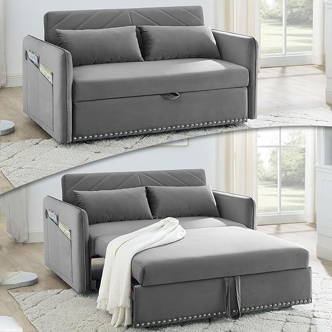 3 in 1 Convertible Sleeper Futon Sofa Bed 55 Velvet Small Loveseat Lounge Couches with 2 Pillows Reclining Backrest USB Ports &amp Side Pockets for Living Room Pull-Out Couch Light Grey