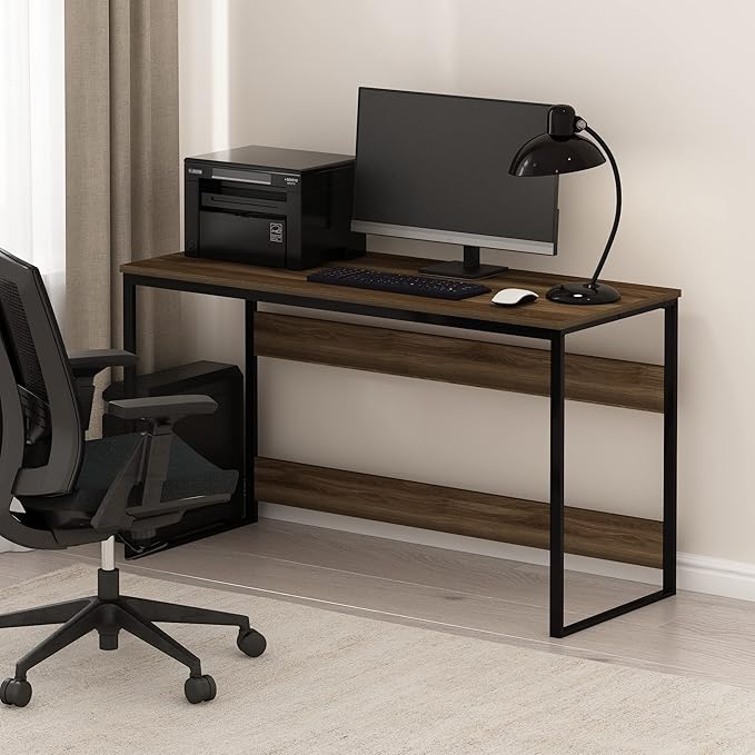 Furinno Moretti Desk 52 Wide Metal Frame Gaming Desk Rectangular Computer Desk Writing Desk Office Desk for Home Office Study Room Dorm Bedroom Brown Walnut