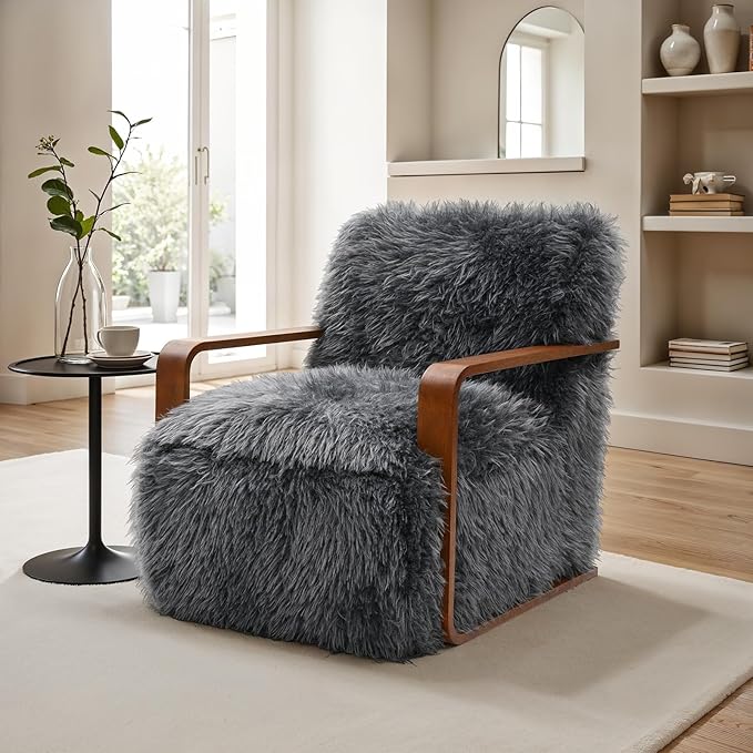 Comfortable Faux Fur Reading ChairModern Luxury Accent Chair Side Chairs with Curved Wooden Armrests for ApartmentLiving RoomOfficeStudyCharcoal Grey