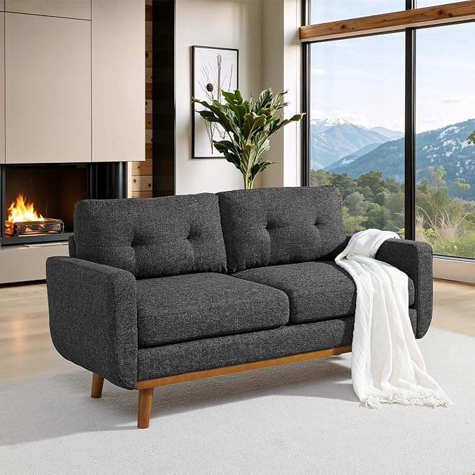 67.7 Mid-Century Modern Loveseat Sofa2-Seat Small Couch with Wooden Legs and Tufted Back for Living Room Bedroom Office ApartmentMini Upholstered Love Seat (Dark Gray)