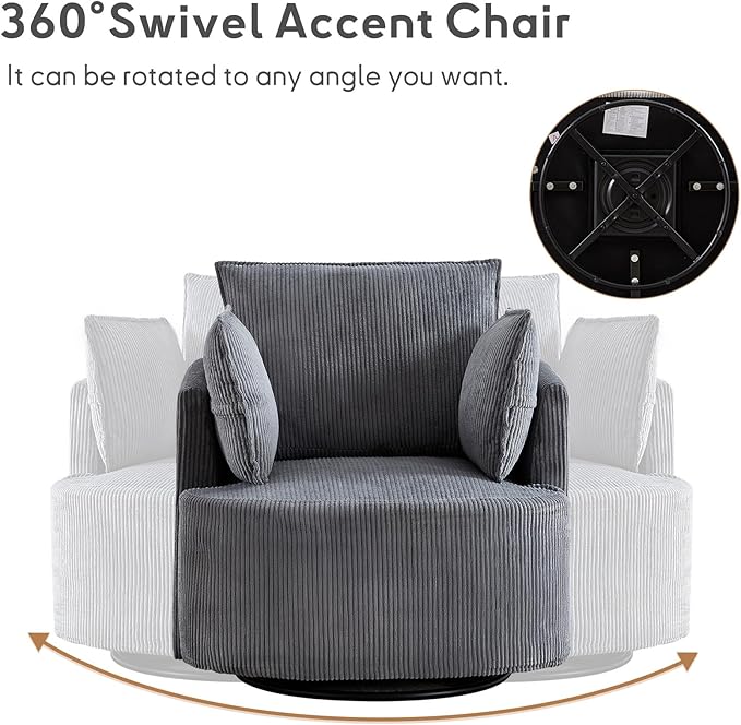 Bonzy Home 360° Swivel Accent Chair Comfy Corduroy Swivel Barrel Chair with 2 Soft Pillows Single Sofa for Living Room Bedroom Grey