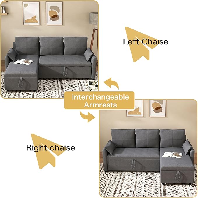 L Shape Sofa Bed: 81 Sectional Sleeper Sofa with Pull Out Bed Grey Pull Out Sleeper Couch with Chaise Lounge and Linen Reversible Chaise Sectionals for Living Room (Gray 80.7 L shape sofa bed)