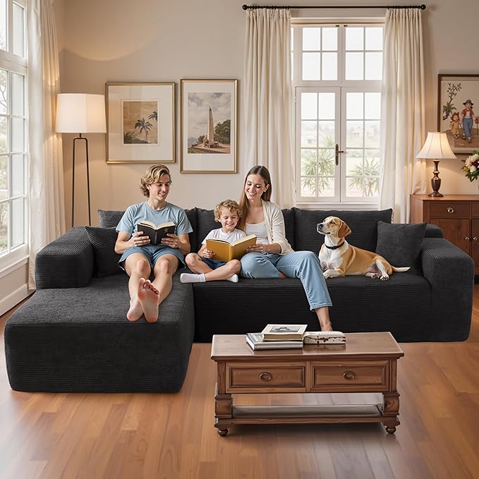 106 Cloud Sectional Couch with Chaise LoungeL Shaped Modular Modern SofaComfy Corduroy Fluffy Sofa with Deep SeatNo Assembly Required Couch for Living Room(LeftStripe CorduroyBlack)