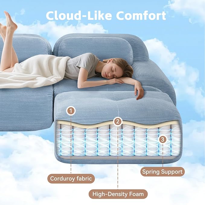 81.8 L Shaped Sectional Cloud Sofa CouchCorduroy Modern Memory Foam Boneless Modular Couches Chaise for Living Room Bedroom(2-Seater&amp1 OttomanBlue)