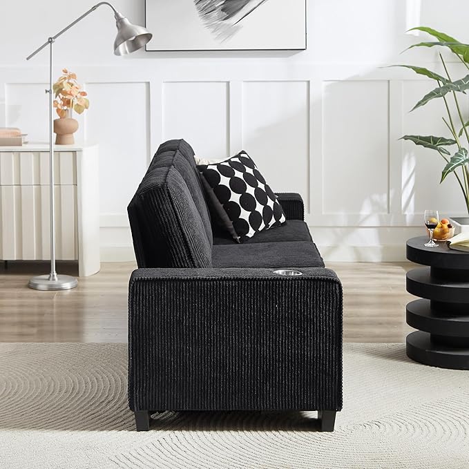 Modern Black Fabric Sofa Compressed 3-Seater Couch for Living Room Bedroom Office Versatile Furniture