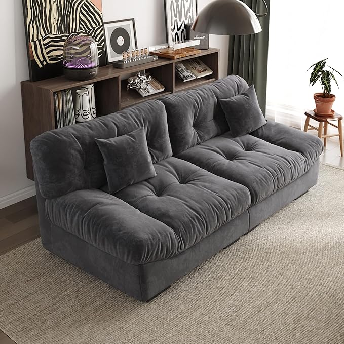 JACH 89 Oversized Deep Sectional Couch Minimalist Love Seat Couches Sectional Sofas with Thick Cushion Comfy Corduroy Sofa with Two Pillows for Living Room Apartment Office Grey
