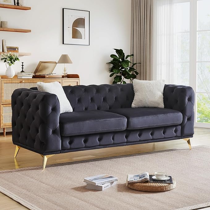 Mid Century Modern Couch82W Luxury Upholstered Velvet Oversized Loveseat Couch with Button Tufted &amp Gold Legs Deep Seat Comfy Chesterfield Sofa for Living Room Bedroom Office(3 Seater Black)