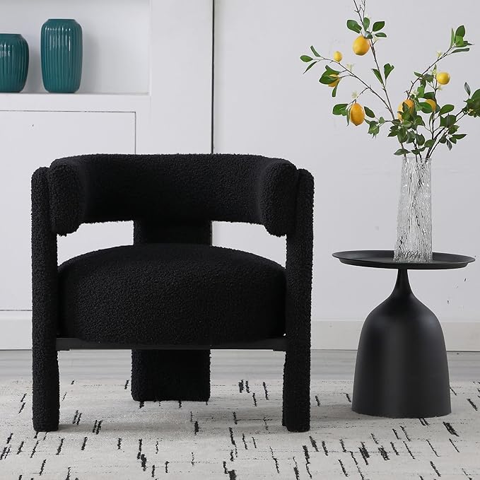Wahson Modern Barrel Accent Chairs Set of 1 | Boucle Upholstered Armchair Single Sofa Chair Side Chair Reading Chair Living Room Chair | Three Legs Black Sherpa