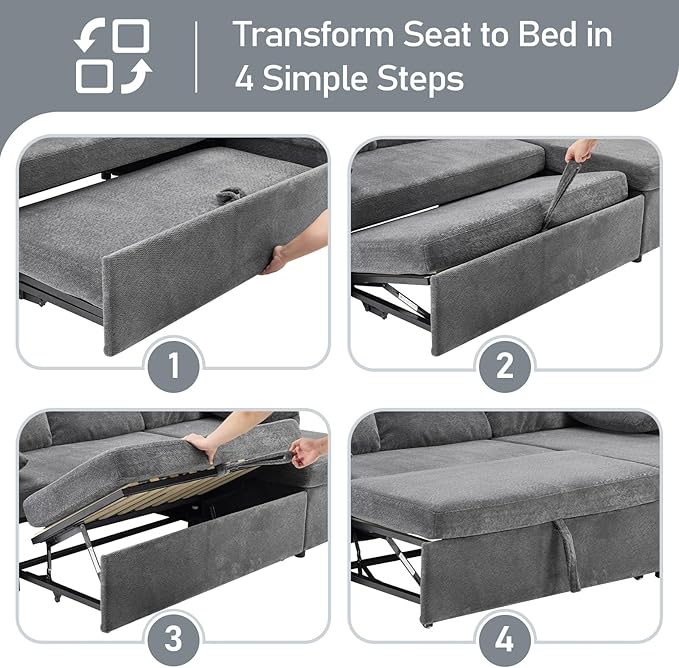 VINGLI Convertible Sofa Bed Couches for Living Room Sleeper Sofa with Pull Out Couch Bed Cloud-Like Plush Fleece U-Shape Sectional Couch with Storage Chaise USB Charging Side Pockets