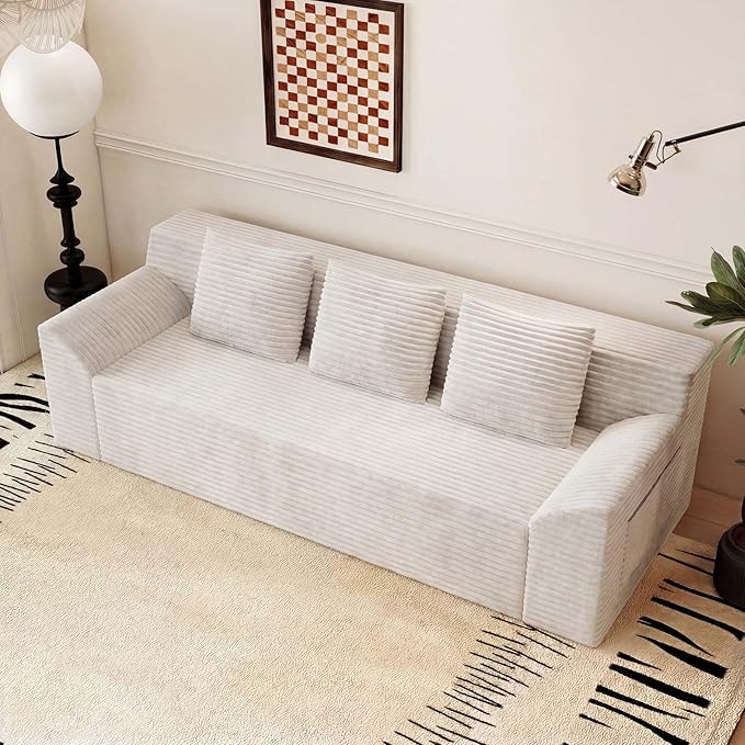 71 Small Boneless Couch Corduroy 3 Seater Couch for Living Room with 3 Pillows &amp Armrests Deep Seat Sofa for Small Spaces Apartment﻿ (White) | Small Boneless Couch