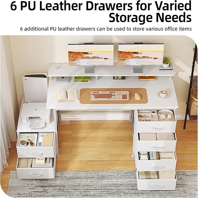 Flrrtenv 52 Inch Office Desk with 6 Drawers and Printer Space for Storage Reversible Computer Desk with Monitor Stand &amp Power Outlets Home Office Desks White