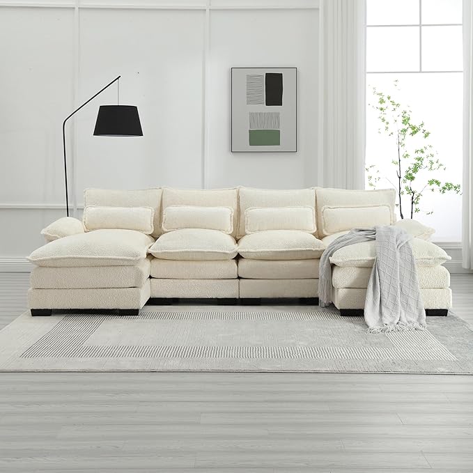 QQU 110.63 W U-Shape Modern Sectional Sofa Couch with Plastic Leg Upholstery Chenille Modular Sectional Sofa Bed with Memory Foam Large Sleeper Couch Chaise Lounges for Living Room(A-Beige)