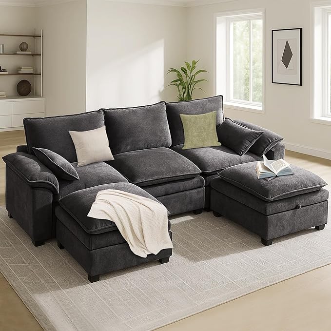 100 Modular Sectional Sofa U Shaped with Storage Chenille Cloud Couch for Small Spaces Living Room Apartment Comfy Deep Seat with Reversible Ottoman (5 Seats Grey)