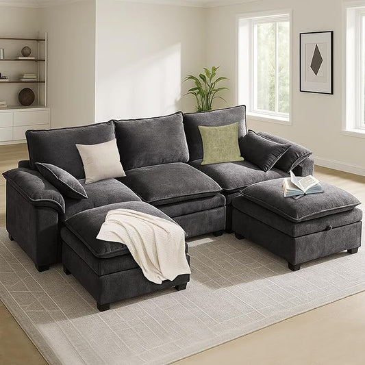100 Modular Sectional Sofa U Shaped with Storage Chenille Cloud Couch for Small Spaces Living Room Apartment Comfy Deep Seat with Reversible Ottoman (5 Seats Grey)