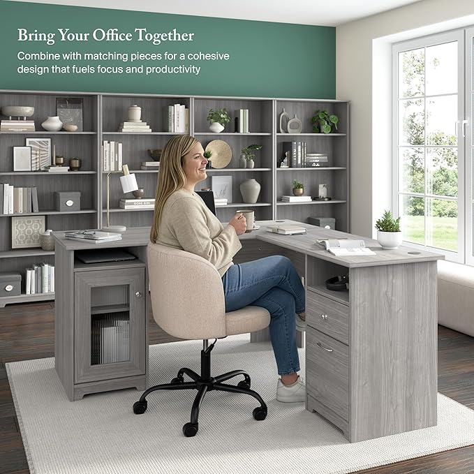 Bush Home Cabot 60W L Shaped Computer Desk with Storage in Modern Gray 60-inch Corner Table with Drawers for Home Office Workspace