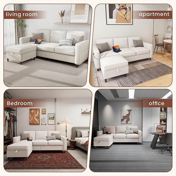 Youmumeub Sectional Couches for Living Room - Convertible Sofa and Storage Bench79''Modern Corner ConfigurationSuitable for Living Room Apartment Bedroom and Office-Beige | Reversible Chaise Wash
