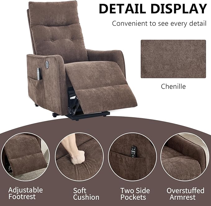 Small Power Lift Chair Recliner for Elderly Petite Power Recliner Chair with Massage and Heat | USB | High Back | Push Button | Side Pockets Liviing Room Easy Assembly (Chenille Brown)