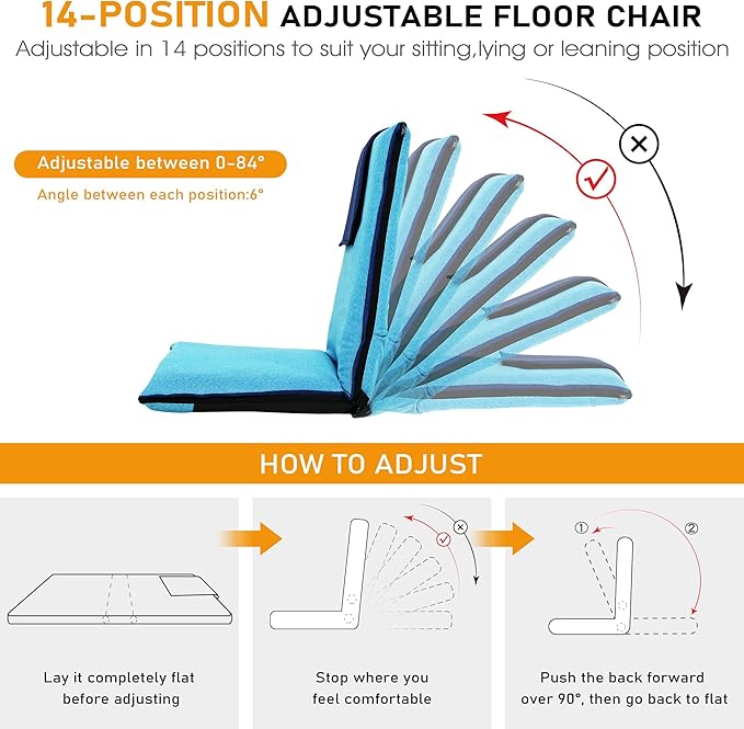 Floor Chair with Back Support 14-Position Adjustable Floor Chair Portable Ground Seating for Adults Foldable Meditation Seat with Japanese KOYO Bearings &amp Washable Linen Cover (Bright Blue)