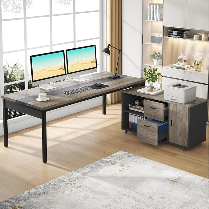 Tribesigns 71 inch Executive Desk L-Shaped Desk with Mobile File Cabinet Executive Office Table with 2 Drawers and Storage Shelves Business Furniture Workstation for Home Office Grey and Black