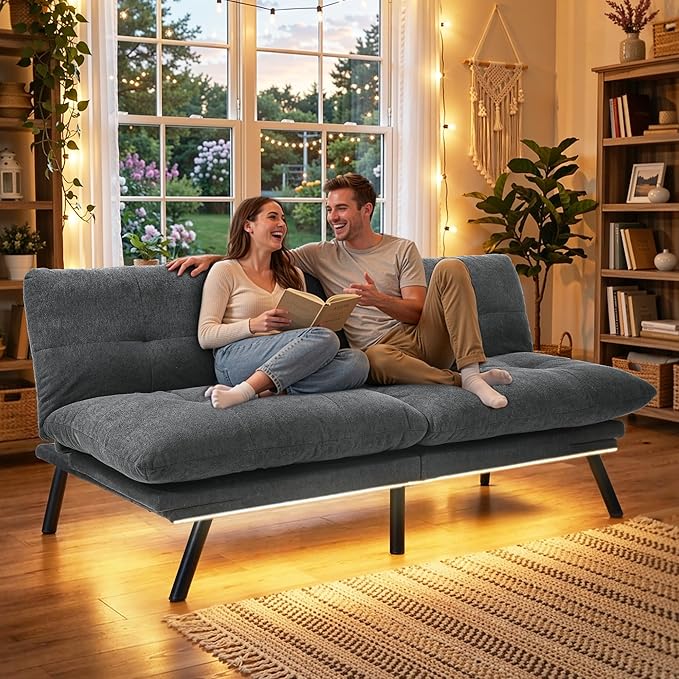 YITAHOME Convertible Futon Sofa Bed with Adjustable 3 Color Light Strip 70 Folding Futon Set for Living Room Home Office Aprtment Modern Futon Couch with Adjustable Backrest &amp Armrests Grey