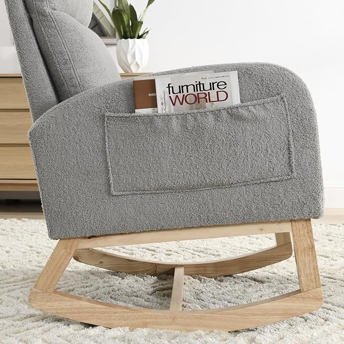 Modern Accent High Back Rocking Chair with Side Pockets Grey Teddy Fabric for Living Room and Nursery