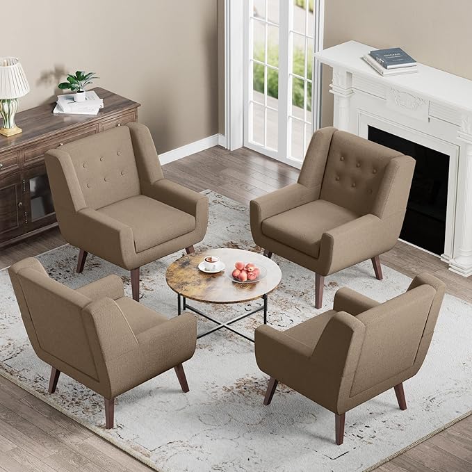 HUIMO Accent Chair Upholstered Button Tufted Armchair Linen Fabric Sofa Chairs for Bedroom Living Room Mid-Century Modern Comfy Reading Chair (4 Brown)